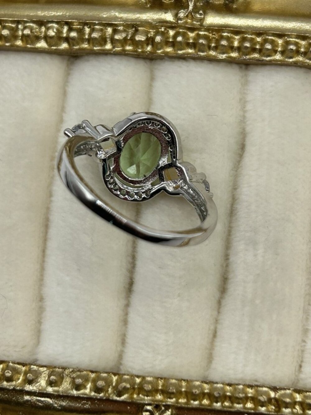 Sterling Silver Ring S925 Green Oval Gemstone w/ Gold Accents & CZ Halo Sz 7 - Picture 9 of 13